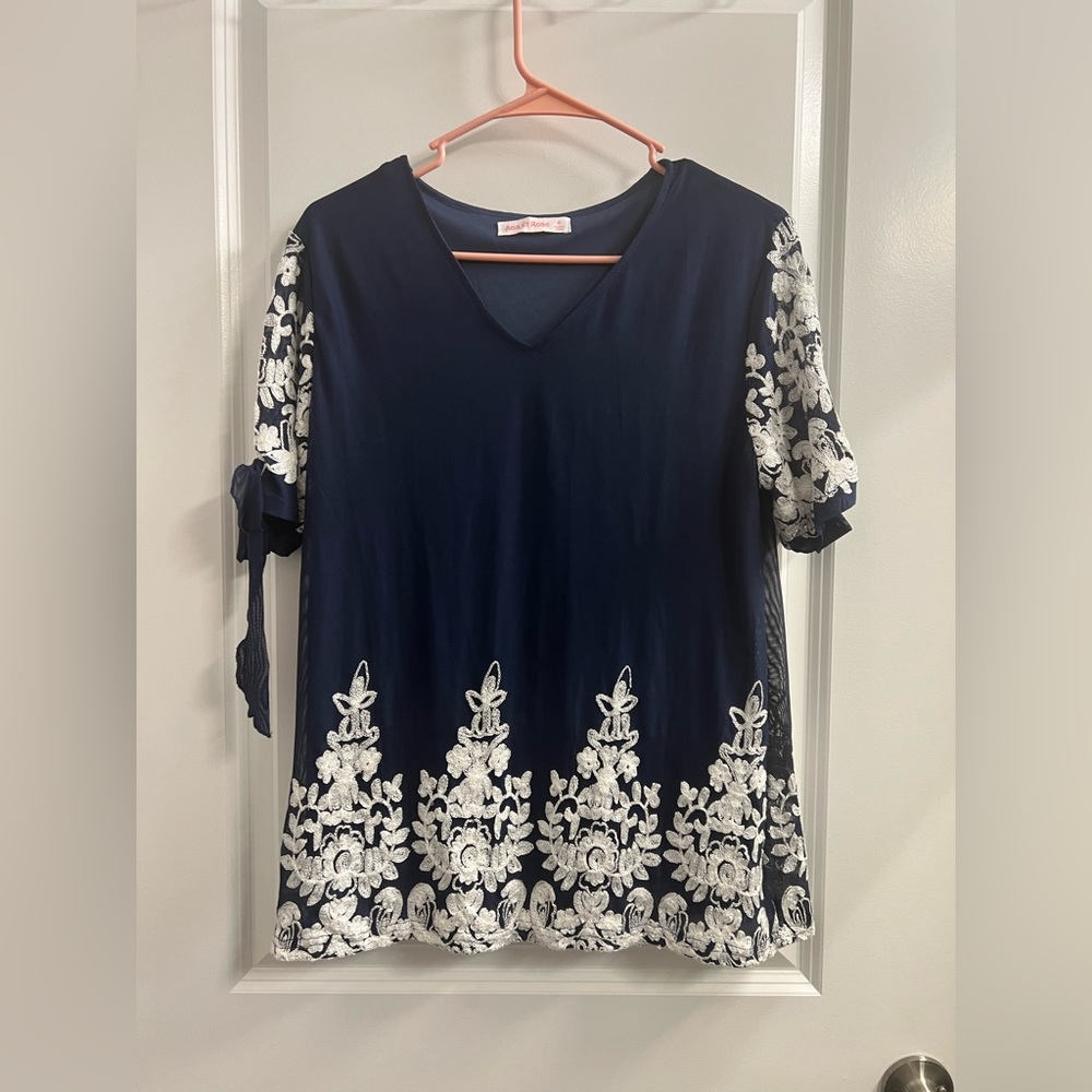 Navy Embroidered V-Neck Womens Top Country Style